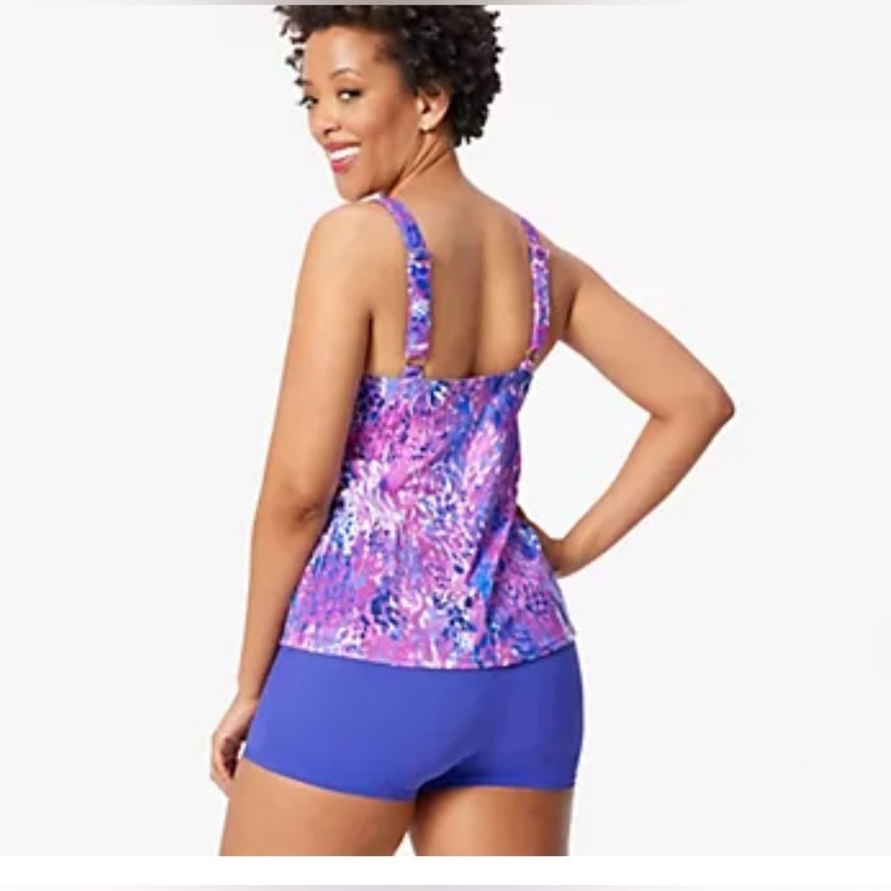 Kim GravelxSwimsuits For All Scoop Neck Tankini Set w/ Bike Shorts Purple Animal - Picture 2 of 5